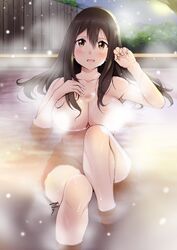  akagi_(kancolle) bathing blush breasts brown_eyes brown_hair censored commentary_request female hair_between_eyes kantai_collection large_breasts long_hair looking_at_viewer nude onsen open_mouth sitting solo straight_hair yamasaki_wataru 