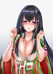  absurdres breasts brown_hair cleavage commentary_request dress fate/grand_order fate_(series) female highres japanese_clothes kimono large_breasts long_hair long_sleeves looking_at_viewer murasaki_shikibu_(fate) purple_eyes solo uchida_shou very_long_hair 