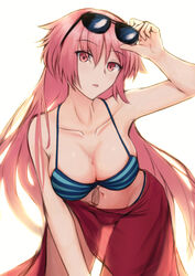  adjusting_eyewear alternate_costume bare_shoulders bent_over bikini blue_bikini breasts cleavage collarbone commentary_request eyes_visible_through_hair eyewear_on_head female girls&#039;_frontline hair_between_eyes hand_on_eyewear head_tilt highres large_breasts lodbyy looking_at_viewer ntw-20_(girls&#039;_frontline) ntw-20_(op._blazing_sun)_(girls&#039;_frontline) official_alternate_costume open_mouth pink_eyes pink_hair raised_eyebrows red_sarong sarong see-through sidelocks solo striped_bikini striped_clothes sunglasses swimsuit thigh_gap wet white_background 