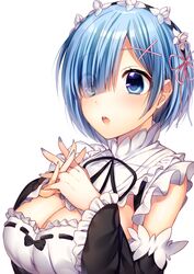  :o blue_eyes blue_hair blue_nails blush breasts cleavage commentary_request detached_sleeves eyes_visible_through_hair female frills hair_ornament hair_over_one_eye hair_ribbon hairband highres interlocked_fingers lips maid maid_headdress medium_breasts nail_polish ntk_(7t5) re:zero_kara_hajimeru_isekai_seikatsu red_ribbon rem_(re:zero) ribbon roswaal_mansion_maid_uniform short_hair simple_background solo teeth upper_body white_background x_hair_ornament 