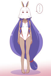  &lt;o&gt;_&lt;o&gt; ... animal_ears arms_at_sides bare_arms bare_legs bare_shoulders barefoot breasts collarbone commentary_request competition_swimsuit cosplay covered_navel dark-skinned_female dark_skin earrings facing_viewer fate/grand_order fate_(series) female full_body gradient_background ha-ru hoop_earrings jackal_ears jewelry legs_apart long_hair low-tied_long_hair mask medjed_(fate) medjed_(fate)_(cosplay) necklace nitocris_(fate) nitocris_(swimsuit_assassin)_(fate) nitocris_(swimsuit_assassin)_(second_ascension)_(fate) one-piece_swimsuit pendant pigeon-toed purple_hair sidelocks small_breasts solo speech_bubble spoken_ellipsis standing sweat swimsuit very_long_hair white_background white_one-piece_swimsuit 