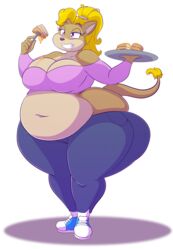  absurd_res alpha_channel anthro ass belly big_belly big_breasts big_butt blonde_hair bottomwear breasts brown_body brown_fur cleavage clothed clothing crop_top denim denim_bottomwear denim_clothing felid female food footwear fur goblinhordestudios hair hi_res jeans lion lisa_(goblinhordestudios) mammal muffin_top muffin_top_(bottomwear) muffin_top_(general_use) muffin_top_(topwear) navel obese obese_anthro obese_female overweight overweight_anthro overweight_female pancake pantherine pants pink_clothing pink_topwear ponytail purple_eyes shirt shoes simple_background smile sneakers solo tail tail_tuft thick_thighs tight_clothing topwear transparent_background tuft wide_hips 