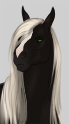  2018 aidan_(apollo13) anuta_belko black_body black_fur black_sclera bust_portrait digital_media_(artwork) equid equine eye_scar facial_scar feral frown fur green_eyes grey_background horse male mammal mane multicolored_body multicolored_fur portrait scar simple_background solo two_tone_body two_tone_fur white_body white_fur white_mane 