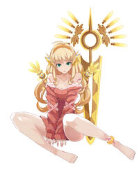  :o ahoge anklet armcho bad_id bare_legs bare_shoulders barefoot blonde_hair dress female full_body green_eyes hairband jewelry leone_(million_arthur) long_hair looking_at_viewer million_arthur_(series) photoshop_(medium) sleeves_past_wrists solo sweater sweater_dress v_arms weapon white_background 