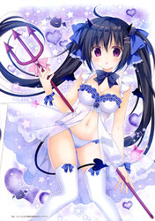  :o absurdres ahoge ass_visible_through_thighs babydoll bat_(animal) black_hair blue_bow blue_bowtie blue_flower blue_panties blush bow bow_legwear bowtie breasts cameltoe chibi cleavage creature demon_girl demon_horns demon_tail e_2 eyes_visible_through_hair female flower frilled_babydoll frilled_bow frilled_panties frills gradient_background hair_between_eyes hair_flower hair_ornament hairbow hairclip heart heart_background highres holding horns korie_riko long_hair looking_at_viewer magazine_scan medium_breasts navel oerba_yun_fang official_art original panties pigeon-toed polearm print_babydoll purple_background purple_eyes purple_theme scan skindentation solo standing star_(symbol) star_print starry_background tail thighhighs tongue translation_request trident twintails underwear underwear_only weapon white_babydoll white_background white_thighhighs wrist_bow 