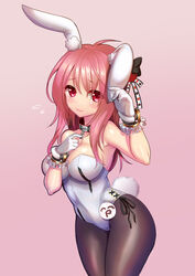  animal_ears bare_shoulders black_pantyhose breasts character_request cleavage collar commentary_request eyebrows female gloves gradient_background highres kumehara_chiyota light_smile long_hair looking_at_viewer medium_breasts pantyhose phantasy_star phantasy_star_online_2 pink_background pink_eyes pink_hair playboy_bunny rabbit_ears rabbit_tail solo tail white_gloves 