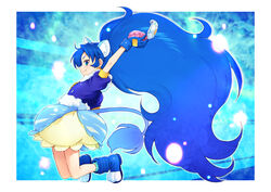  animal_ears arm_up blue_eyes blue_gloves blue_hair blue_jacket boots bubble_skirt commentary_request cure_gelato earrings extra_ears female full_body gloves jacket jewelry kazuma_muramasa kirakira_precure_a_la_mode lion_ears lion_girl lion_tail long_hair looking_at_viewer magical_girl oerba_yun_fang photoshop_(medium) precure short_sleeves skirt smile solo tail tategami_aoi 