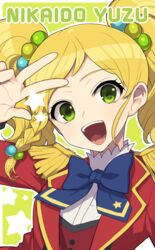  aikatsu!_(series) aikatsu_stars! blonde_hair braid character_name commentary_request epaulettes female green_eyes hair_bobbles hair_ornament highres hitoto looking_at_viewer nikaido_yuzu open_mouth s4_uniform side_braid single_braid smile solo twintails uniform v 