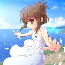  alternate_costume blue_sky brown_eyes brown_hair cloud commentary_request cowboy_shot day dress female folded_ponytail foreshortening grass horizon inazuma_(kancolle) kantai_collection long_hair mountain ocean outdoors outstretched_arms petals scenery sky sleeveless sleeveless_dress smile solo white_dress you_naka 