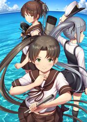  3girls ayanami_(kancolle) back-to-back black_socks blue_sky brown_eyes brown_hair brown_sailor_collar brown_skirt cloud commentary_request day dress fisheye green_eyes grey_hair ha-class_destroyer hair_ribbon hat highres horizon ichikawa_feesu jewelry kantai_collection kasumi_(kancolle) kasumi_kai_ni_(kancolle) kneehighs long_hair long_sleeves machinery multiple_girls peaked_cap pinafore_dress ponytail ribbon ring sailor_collar school_uniform serafuku shikinami_(kancolle) short_ponytail side_ponytail skirt sky sleeveless sleeveless_dress smoking_pipe socks standing standing_on_liquid torn_clothes upper_body water wedding_ring white_hat 