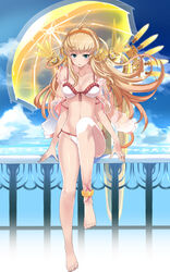  ahoge anklet armcho bad_id bikini cloud day female frilled_bikini frills front-tie_top full_body green_eyes hairband jewelry knee_up leone_(million_arthur) long_hair million_arthur_(series) photoshop_(medium) railing shiny_skin side-tie_bikini_bottom sitting solo swimsuit umbrella weapon 