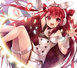  :d arm_up bad_id bad_pixiv_id beatmania_iidx blush detached_collar female gears glowing headphones highres long_hair looking_at_viewer open_mouth petals pleated_skirt red_eyes red_hair rushin shirt silhouette skirt sleeveless sleeveless_shirt smile solo thigh_strap two_side_up umegiri_ameto very_long_hair white_background white_skirt 