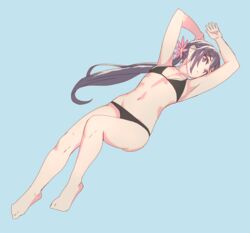  akebono_(kancolle) armpits arms_up barefoot bell bikini black_bikini blue_background collarbone commentary_request female flat_chest flower full_body hair_bell hair_flower hair_ornament jingle_bell kantai_collection long_hair looking_at_viewer lying navel ninja_toes on_back purple_eyes purple_hair side_ponytail simple_background solo swimsuit very_long_hair yuuji_(and) 