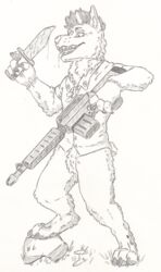  3_toes 4_fingers absurd_res anthro ar-15 armor assault_rifle bear bottomless clothed clothing digitigrade dog_tags feet fingers flippy_(htf) fluffy full-length_portrait gun happy_tree_friends headgear helmet hi_res knife m4 male mammal portrait ranged_weapon rifle shirt simple_background skyfifer solo standing toes topwear traditional_media_(artwork) weapon white_background 