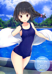  absurdres bare_shoulders black_hair blue_one-piece_swimsuit blue_sky blush breasts brown_eyes chair cloud cloudy_sky collarbone covered_navel cube_hair_ornament day e_2 embarrassed english_text female fence hair_ornament highres holding holding_towel looking_at_viewer low_ponytail magazine_scan medium_breasts official_art old_school_swimsuit one-piece_swimsuit open_towel original outdoors parted_lips pink_lips pool ragho_no_erika scan school_swimsuit short_ponytail sky solo standing swimsuit tongue towel translation_request tree wavy_mouth wet wet_clothes wet_swimsuit 