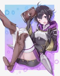  aiueo1234853 bad_id bad_twitter_id black_gloves black_hair book boots brown_footwear commentary_request dress female fire_emblem fire_emblem_awakening fire_emblem_heroes gloves highres holding holding_book hood hood_down knee_boots long_sleeves morgan_(female)_(fire_emblem) morgan_(fire_emblem) one_eye_closed open_mouth purple_eyes short_dress short_hair solo star_(symbol) thighhighs white_thighhighs 