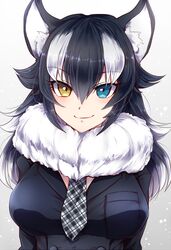  animal_ears black_hair blue_eyes blush breasts commentary_request female fur_collar grey_wolf_(kemono_friends) heterochromia kemono_friends large_breasts long_hair long_sleeves looking_at_viewer makotono_(makotono_00) multicolored_hair necktie solo two-tone_hair wolf_ears yellow_eyes 