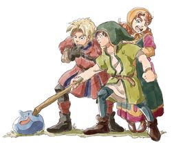  blue_eyes breasts commentary_request curly_hair dragon_quest dragon_quest_vii dress female full_body hat hero_(dq7) hood hosiman kiefer long_hair looking_at_viewer maribel_(dq7) medium_breasts multiple_boys red_hair slime_(dragon_quest) 