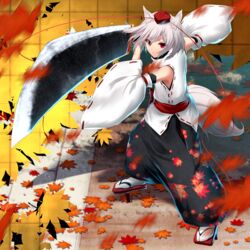  animal_ears aono_meri autumn_leaves bad_id bad_pixiv_id bare_shoulders black_pants closed_mouth detached_sleeves falling_leaves female fighting_stance foreshortening from_above full_body geta hat highres inubashiri_momiji leaf leaf_print light_smile long_sleeves looking_at_viewer looking_up pants path red_eyes red_ribbon ribbon ribbon-trimmed_clothes ribbon-trimmed_sleeves ribbon_trim road sleeveless socks solo stance tabi tail tengu-geta tokin_hat touhou turtleneck unsheathed white_socks wide_sleeves wolf_ears wolf_tail 