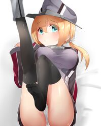  black_skirt black_thighhighs blonde_hair blue_eyes boruhis breasts commentary_request female hair_between_eyes hat kantai_collection long_hair long_sleeves low_twintails medium_breasts military military_uniform panties peaked_cap pleated_skirt prinz_eugen_(kancolle) skirt solo thighhighs toes twintails underwear uniform white_panties 