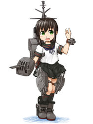  absurdres aka-kabuto_no_gema anchor_symbol black_hair black_sailor_collar black_skirt black_socks cannon commentary_request female fubuki_(kancolle) fubuki_kai_ni_(kancolle) full_body green_eyes highres kantai_collection kneehighs looking_at_viewer low_ponytail machinery pleated_skirt ponytail sailor_collar school_uniform serafuku short_ponytail sidelocks simple_background skirt socks solo standing turret white_background 