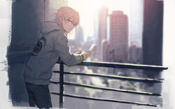  1boy 8c bad_id bad_pixiv_id city cityscape grey_hair hood hood_down hoodie leaning_forward long_sleeves looking_at_viewer male_focus original outdoors parted_lips photoshop_(medium) purple_eyes railing solo 