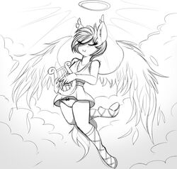  2016 angel anthro bat_pony clothing dress equid fan_character feathered_wings feathers female halo harp hasbro mammal monochrome musical_instrument my_little_pony nolegs_(oc) panties plucked_string_instrument replica_(artist) solo string_instrument underwear wings 