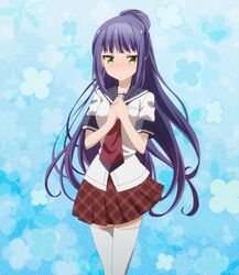  anime_screenshot anne_happy female green_eyes hibarigaoka_ruri highres long_hair miniskirt pleated_skirt purple_hair school_uniform skirt solo stitched tennomifune_academy_school_uniform thighhighs third-party_edit 