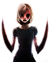  blonde_hair blood_on_face bloody_hands bloody_tears breasts cry_of_fear dress faster female female hollow_eyes looking_at_viewer medium_breasts monster_girl open_mouth short_hair simple_background solo 