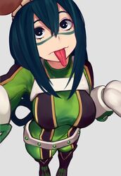  absurdres asui_tsuyu black_eyes black_hair boku_no_hero_academia breasts domino_mask female full_body gloves goggles goggles_on_head hair_rings highres large_breasts long_hair looking_at_viewer mask outstretched_arm simple_background sunna_(nilsunna) tongue tongue_out white_background white_gloves 