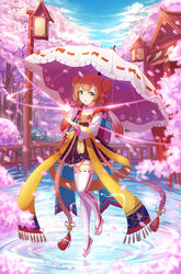  :o barefoot bead_necklace beads bell blonde_hair blue_sky blurry bridge character_request chinese_clothes cupping_hand day dress female flat_chest floating floral_print flower fringe_trim full_body gable_roof glowing green_eyes hair_ornament hanfu hearts_recollection highres holding holding_umbrella jewelry jingle_bell lamppost long_sleeves looking_at_viewer magic mizura necklace outdoors outstretched_hand petals photoshop_(medium) pink_flower pinky_out pleated_dress railing ribbon-trimmed_legwear ribbon_trim ripples sash shawl sky solo tassel thighhighs toeless_legwear tree umbrella water white_thighhighs zettai_ryouiki zzt_(zztsama) 