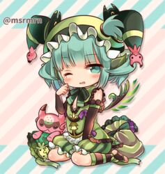  astaroth_(p&amp;d) bad_id bad_pixiv_id bloomers cauchemar_(p&amp;d) chibi detached_sleeves female green_bloomers green_eyes green_hair hat jester_cap kneehighs lowres mashiro_miru one_eye_closed puzzle_&amp;_dragons sitting socks tears underwear wariza 