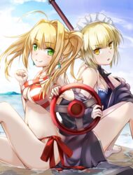  2girls ahoge artoria_pendragon_(alter_swimsuit_rider)_(fate) artoria_pendragon_(alter_swimsuit_rider)_(second_ascension)_(fate) artoria_pendragon_(fate) bikini blonde_hair blush breasts cleavage closed_mouth commentary_request earrings fate/grand_order fate_(series) green_eyes hellnyaa highres jewelry large_breasts long_hair looking_at_viewer maid_headdress multiple_girls nero_claudius_(fate) nero_claudius_(swimsuit_caster)_(fate) outdoors parted_lips short_hair sitting smile steering_wheel swimsuit twintails yellow_eyes 