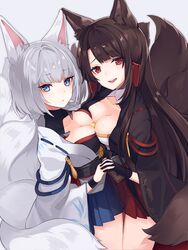  2girls :d akagi_(azur_lane) animal animal_ear_fluff animal_ears asymmetrical_docking azur_lane bird black_gloves black_kimono blue_eyes blue_hakama blush breast_press breasts brown_hair chick closed_mouth collarbone commentary_request dutch_angle fingernails fox_ears fox_girl fox_tail gloves grey_background grey_hair hakama hakama_short_skirt hakama_skirt highres holding_hands interlocked_fingers japanese_clothes kaga_(azur_lane) kimono kitsune kyuubi looking_at_viewer looking_to_the_side manjuu_(azur_lane) medium_breasts multiple_girls multiple_tails open_mouth orqz red_eyes red_hakama short_kimono simple_background skirt smile tail white_kimono 