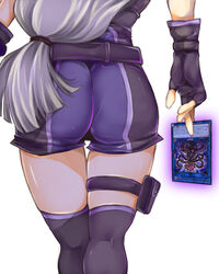  ass belt bessho_emma black_gloves black_hair black_thighhighs card commentary_request duel_monster female fingerless_gloves ghost_girl_(yu-gi-oh!_vrains) gloves grey_hair highres long_hair monster photoshop_(medium) simple_background skindentation solo tahira_ureka thigh_gap thigh_strap thighhighs white_background yu-gi-oh! yu-gi-oh!_vrains 