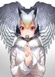  bad_id bad_pixiv_id black_hair breasts coat commentary_request female fur_collar fur_trim gochiwa gradient_background grey_background grey_hair hand_on_own_wrist head_wings highres holding holding_spoon kemono_friends long_sleeves looking_at_viewer medium_breasts multicolored_eyes multicolored_hair northern_white-faced_owl_(kemono_friends) purple_eyes red_eyes short_hair solo spoon spread_wings upper_body utensil_in_mouth white_background white_coat white_hair wings yellow_eyes 