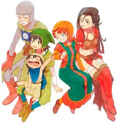  aira_(dq7) bad_id bad_pixiv_id blue_eyes breasts commentary_request curly_hair dragon_quest dragon_quest_vii dress full_body gabo hat hero_(dq7) highres hood kokuzoumushi long_hair looking_at_viewer maribel_(dq7) medium_breasts midriff multiple_boys multiple_girls navel red_hair short_hair sir_mervyn thighhighs 