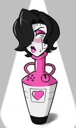  2017 animate_inanimate black_hair blush bodily_fluids digital_media_(artwork) eyelashes grey_background hair hair_over_eye heart_symbol ladypot limbless lips lipstick machine makeup male mettaton not_furry one_eye_obstructed robot sealguy simple_background solo sweat undertale undertale_(series) vase 