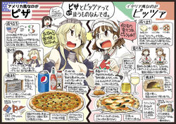  4girls akagi_(kancolle) alcohol american_flag arancini ascot basil_leaf black_border blonde_hair border bottle breasts brown_eyes brown_hair cleavage closed_eyes collar commentary_request cup detached_sleeves domino&#039;s_pizza drinking_glass eating elbow_gloves fingerless_gloves food fork gloves headdress headgear iowa_(kancolle) italian_flag italy japanese_clothes kantai_collection knife large_breasts littorio_(kancolle) long_hair margherita_pizza multiple_girls muneate nagumo_(nagumon) olive open_mouth oven pepsi pizza pizza_hut pizza_sauce restaurant roma_(kancolle) shawl shirt shrugging sidelocks sleeveless sleeveless_shirt smile tabasco tied_shirt translated tray united_states wide_sleeves wine wine_bottle wine_glass 