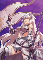  ahoge armor blush breasts commentary_request cosplay fate/grand_order fate_(series) female flag highres holding holding_flag jeanne_d&#039;arc_(fate) jeanne_d&#039;arc_(third_ascension)_(fate) jeanne_d&#039;arc_(third_ascension)_(fate)_(cosplay) jeanne_d&#039;arc_alter_(avenger)_(fate) jeanne_d&#039;arc_alter_(fate) large_breasts long_hair looking_at_viewer ouer_moyu parted_lips smile solo teeth white_hair yellow_eyes 