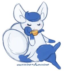  1:1 2018 2_tails anthro beverage blue_body blue_fur closed_eyes coffee coffee_cup container crossed_legs cup drinking electrikestorm felid female fur generation_6_pokemon hi_res mammal meowstic multi_tail nintendo pokemon pokemon_(species) semi-anthro simple_background sitting solo tail white_background white_body white_fur 