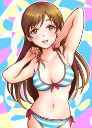  arms_behind_head bikini blue_bikini breasts brown_eyes brown_hair cleavage commentary_request female front-tie_top highres idolmaster idolmaster_cinderella_girls large_breasts long_hair looking_at_viewer multicolored_background navel nikukyuu_(vento-aureo-giogio) nitta_minami open_mouth side-tie_bikini_bottom smile solo striped_bikini striped_clothes swimsuit 