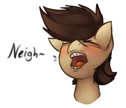  2016 blush brown_hair derp_eyes equid equine fan_character hair hasbro horse male mammal marsminer my_little_pony onomatopoeia pone_keith pony simple_background solo sound_effects teeth text white_background 