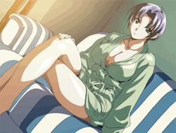  animated animated bangs bathrobe blue_eyes breasts center_opening cleavage collarbone couch crossed_arms dutch_angle edited female female green_(game) indoors large_breasts legs legs_crossed looking_at_viewer lowres milf purple_hair robe shiny shiny_skin short_hair sitting solo takahashi_kanako 