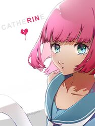  1boy androgynous bangs bob_cut catherine:_full_body catherine_(game) dress eyebrows green_eyes highres pink_hair rin_(catherine) rubysp_720 short_hair solo trap 