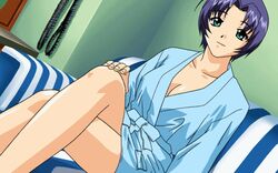  animated animated bangs bathrobe breasts center_opening cleavage collarbone couch crossed_arms dutch_angle edited female female green_(game) green_eyes indoors large_breasts legs legs_crossed looking_at_viewer milf purple_hair robe shiny shiny_skin short_hair sitting solo takahashi_kanako 