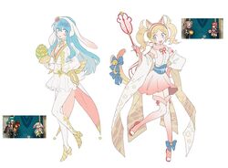  2girls animal_ears aqua_eyes aqua_hair bell blonde_hair blue_bow blue_eyes bow breasts cat_ears cat_tail cleavage cleavage_cutout clothing_cutout commentary cosplay cup dress easter_egg egg eirika_(fire_emblem) fake_animal_ears fake_tail fingerless_gloves fire_emblem fire_emblem:_the_sacred_stones fire_emblem_awakening fire_emblem_fates fire_emblem_heroes flower fur_trim gloves hair_flower hair_ornament hairband high_heels japanese_clothes leg_up lissa_(fire_emblem) long_hair long_sleeves multiple_girls noii open_mouth pink_gloves rabbit_ears sakura_(fire_emblem) sakura_(fire_emblem)_(cosplay) sakura_(halloween)_(fire_emblem) sharena_(fire_emblem) sharena_(fire_emblem)_(cosplay) sharena_(spring)_(fire_emblem) simple_background sleeveless tail thighhighs toeless_footwear twintails white_background white_gloves zettai_ryouiki 