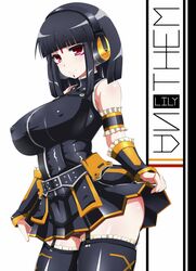  bare_shoulders beatmania_iidx black_hair black_thighhighs breasts commentary_request covered_nipples detached_sleeves female garter_straps headphones hinazuki_ririna ini_(mocomocccos) large_breasts pink_eyes short_hair simple_background skirt smile solo thighhighs white_background 