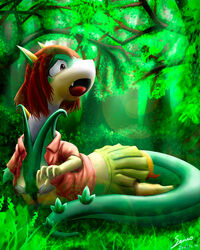  2012 4:5 5_fingers bottomwear bra clothed clothing coat detailed_background fangs female filter fingers forest generation_5_pokemon grass hair lens_flare light nintendo one_arm open_mouth plant pokemon pokemon_(species) red_eyes red_hair reptile sad scalie sento_(pixiv) serperior skirt solo sunlight tail_under_skirt teeth tongue topwear transformation tree underwear wilderness 