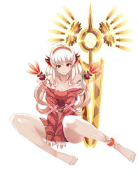  ahoge anklet armcho bad_id bare_legs bare_shoulders barefoot blonde_hair dress female full_body grin hairband jewelry leone_(million_arthur) long_hair looking_at_viewer million_arthur_(series) photoshop_(medium) red_eyes sleeves_past_wrists smile solo sweater sweater_dress v_arms weapon white_background 